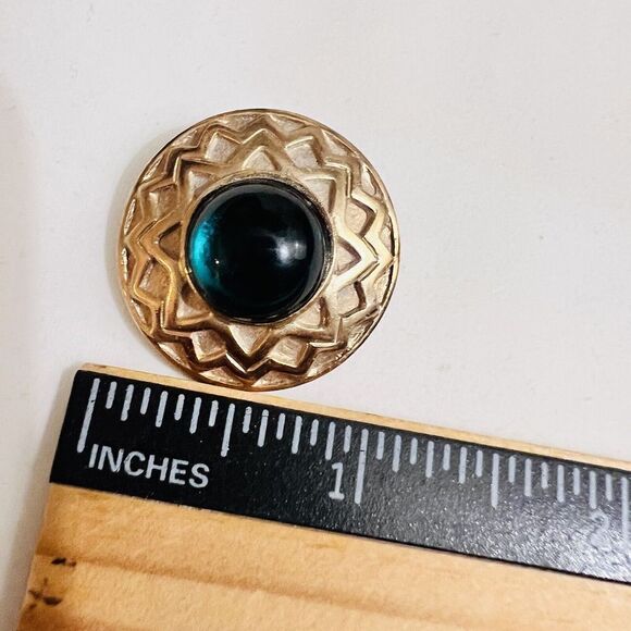 Vintage Galleria Gripoix Glass Earrings Cabochon Clip On Green Gold T Round 4632 - Picture 10 of 11